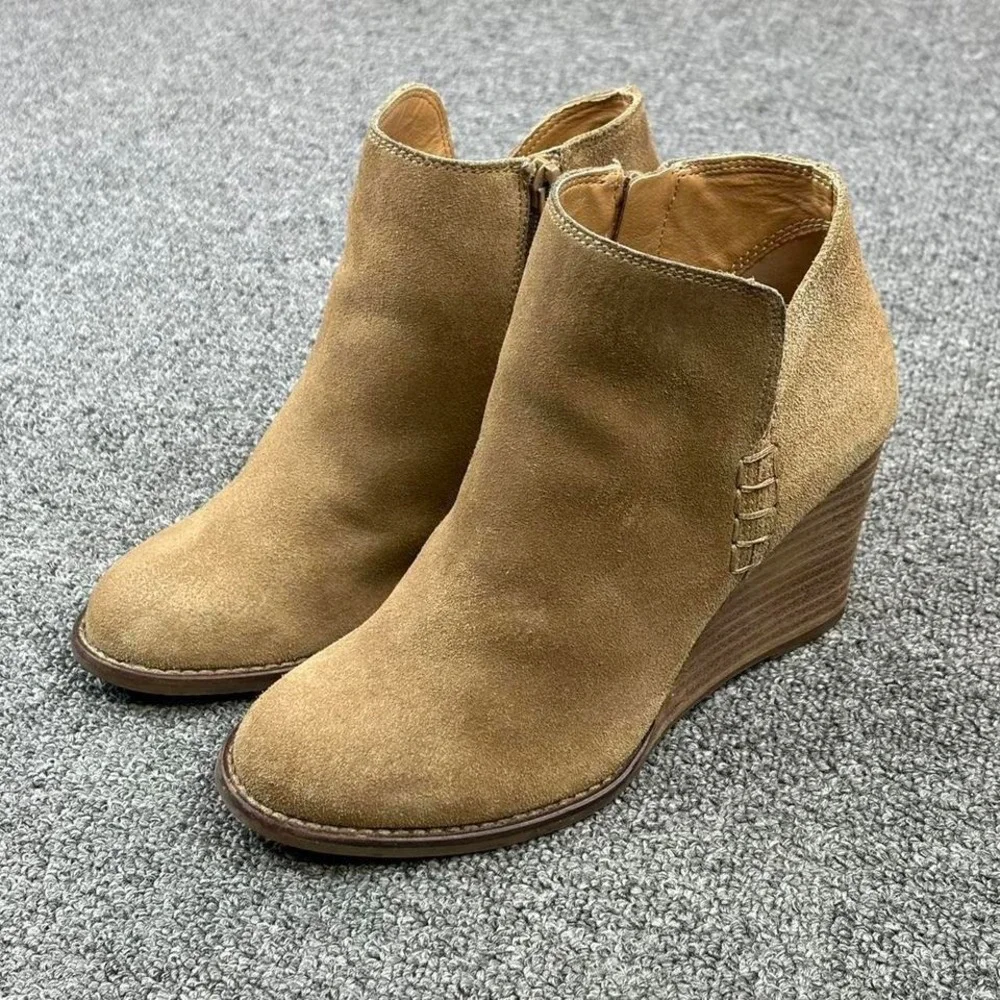 Lucky Brand Brown Leather Wedge Heel Pull On Side Zip Booties Boots Women's Sz 5